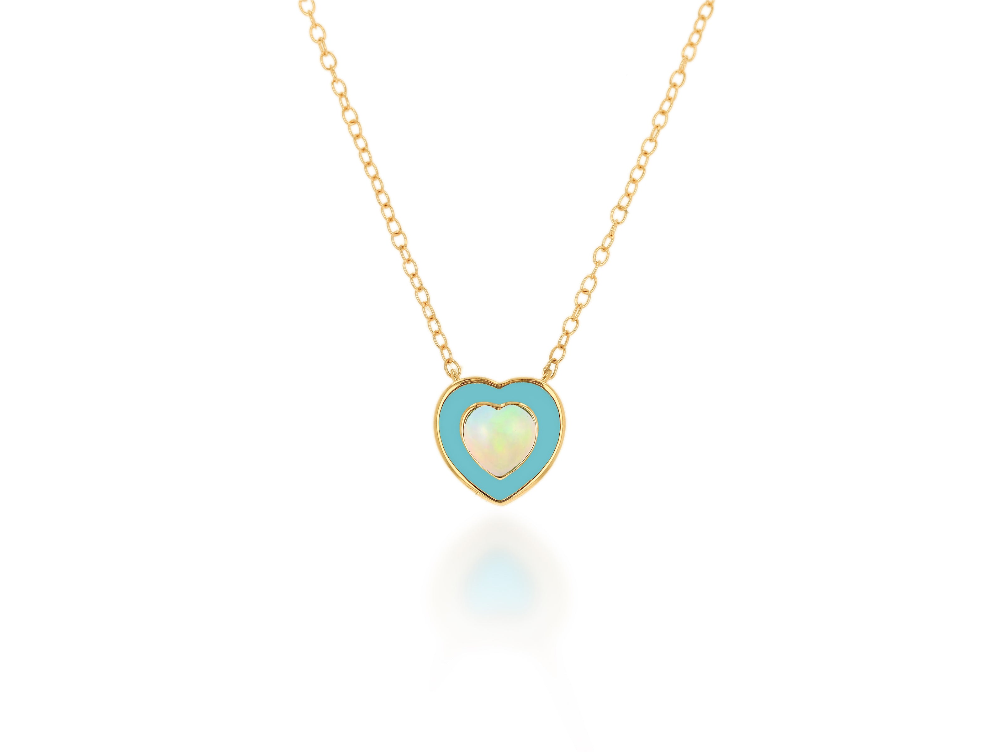Teal Enamel and Opal Heart Necklace