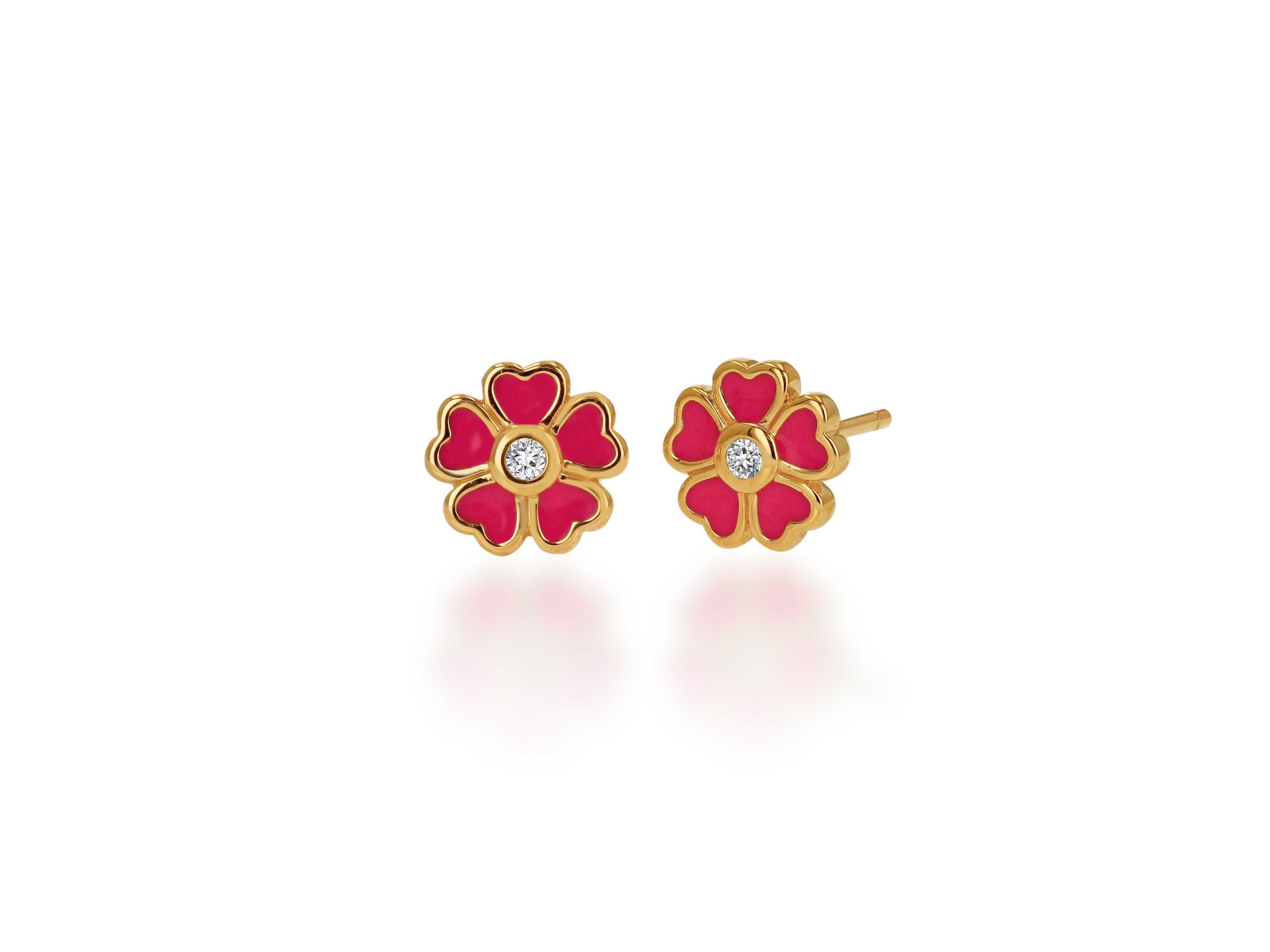 Diamond and Hot Pink Enamel Flower Stud Earrings