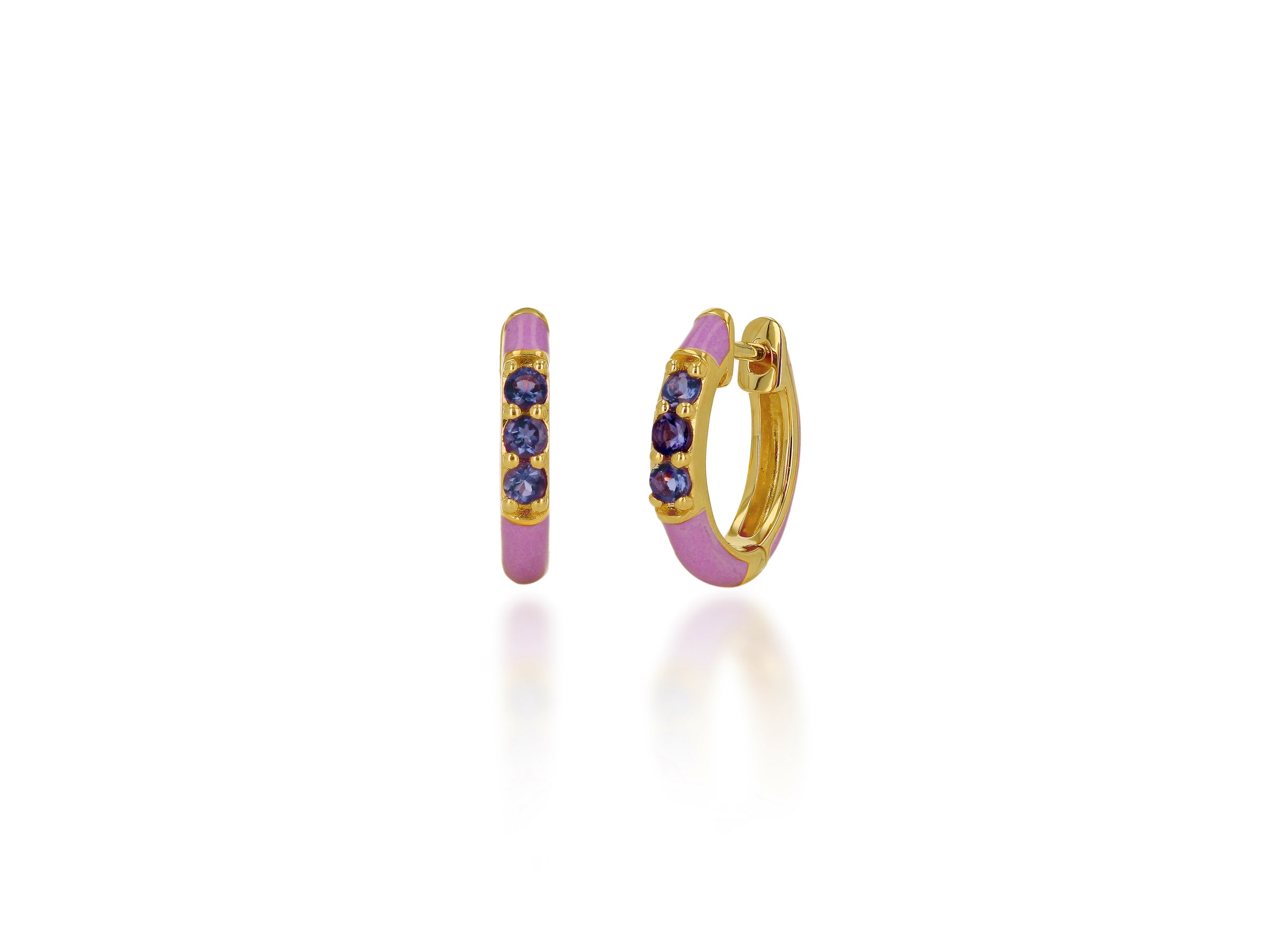 Lavender Enamel and Iolite Huggie Earrings