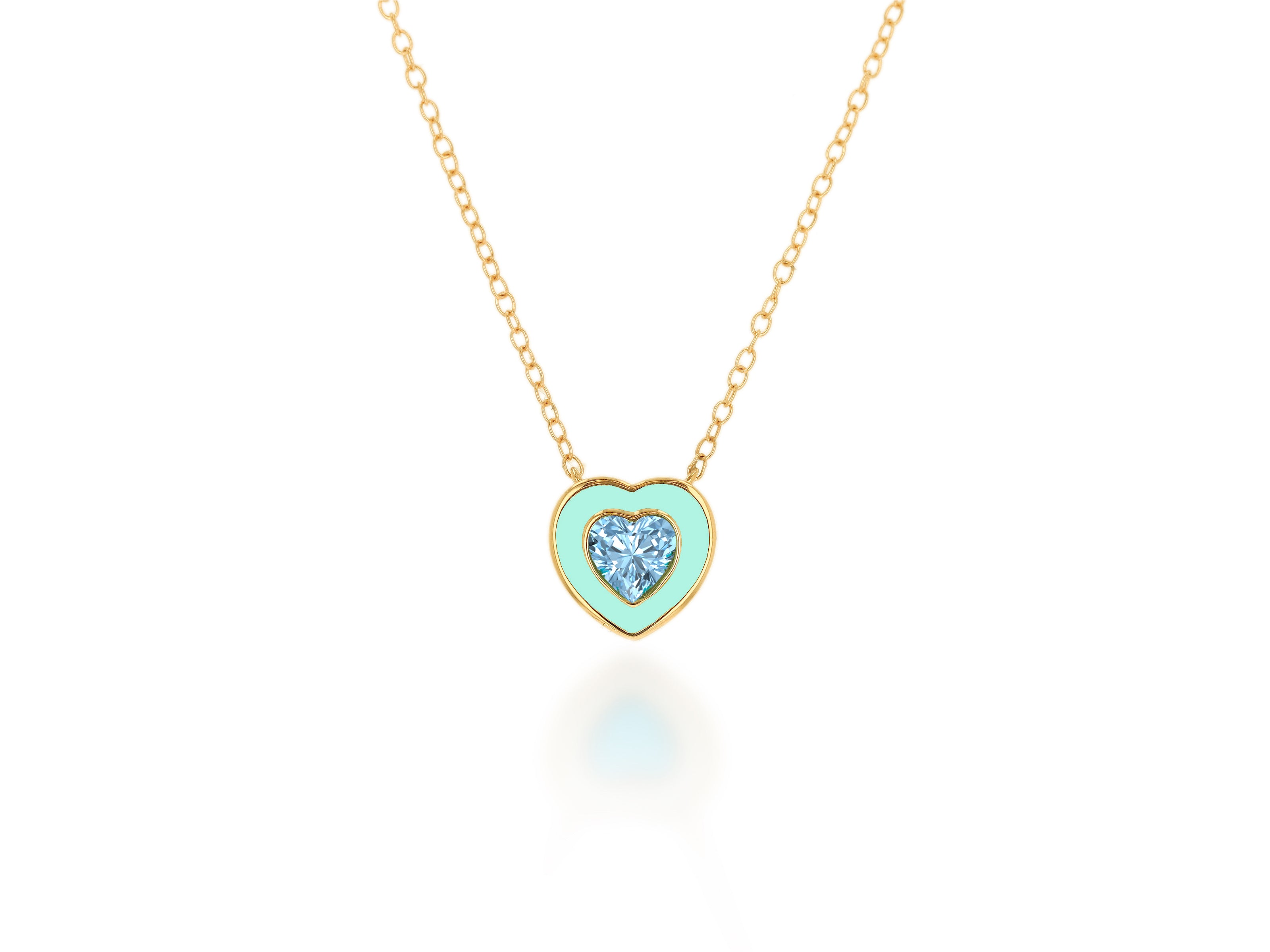 Light Green Enamel and Aquamarine Heart Necklace