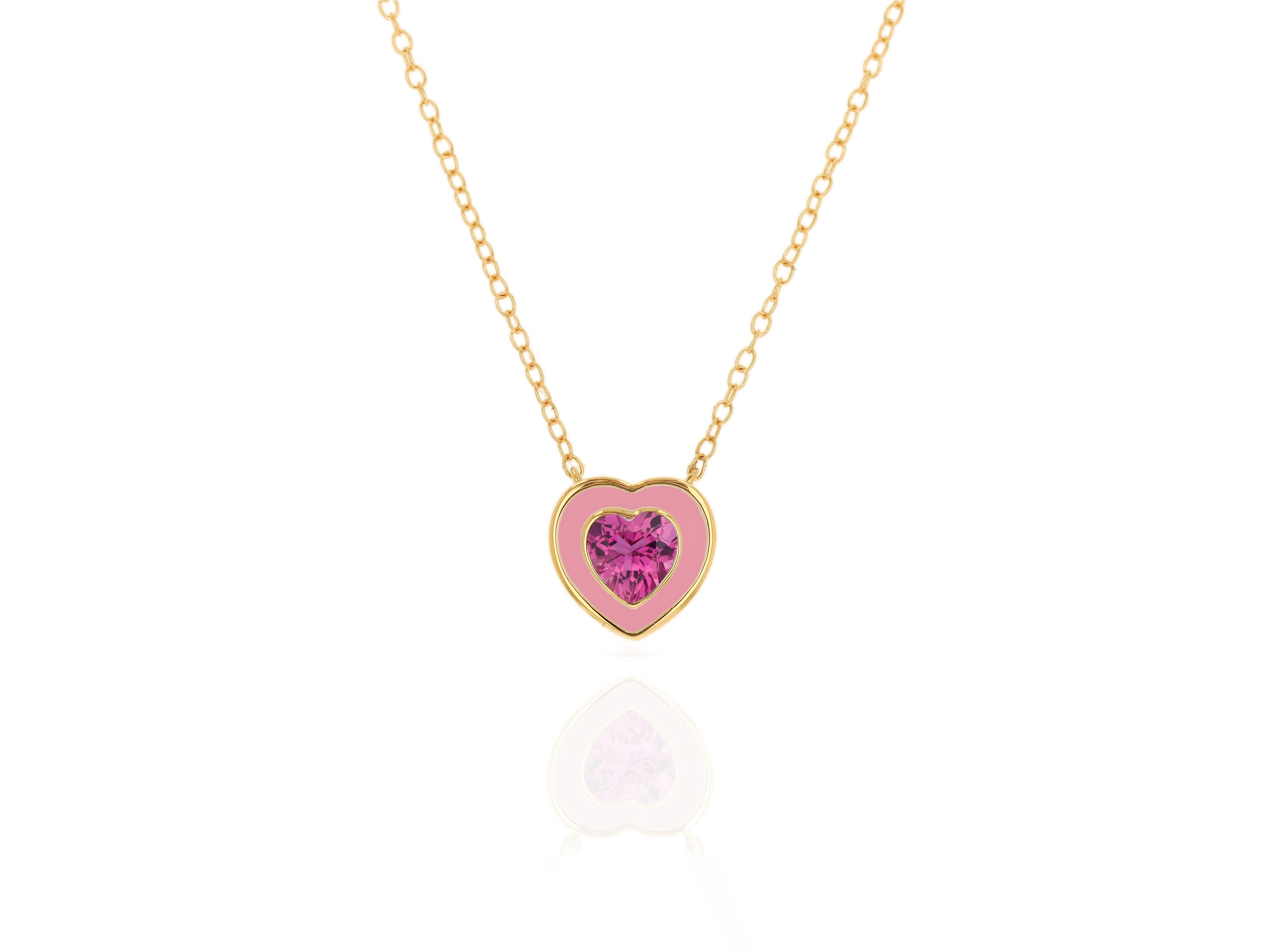 Light Pink Enamel and Pink Tourmaline Heart Necklace