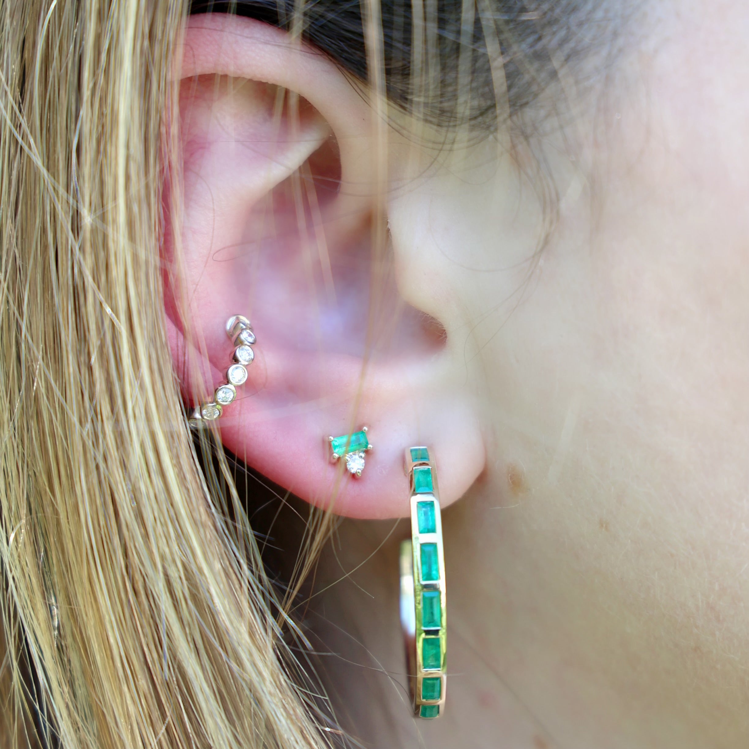 Emerald Baguette and Diamond Stud Earrings