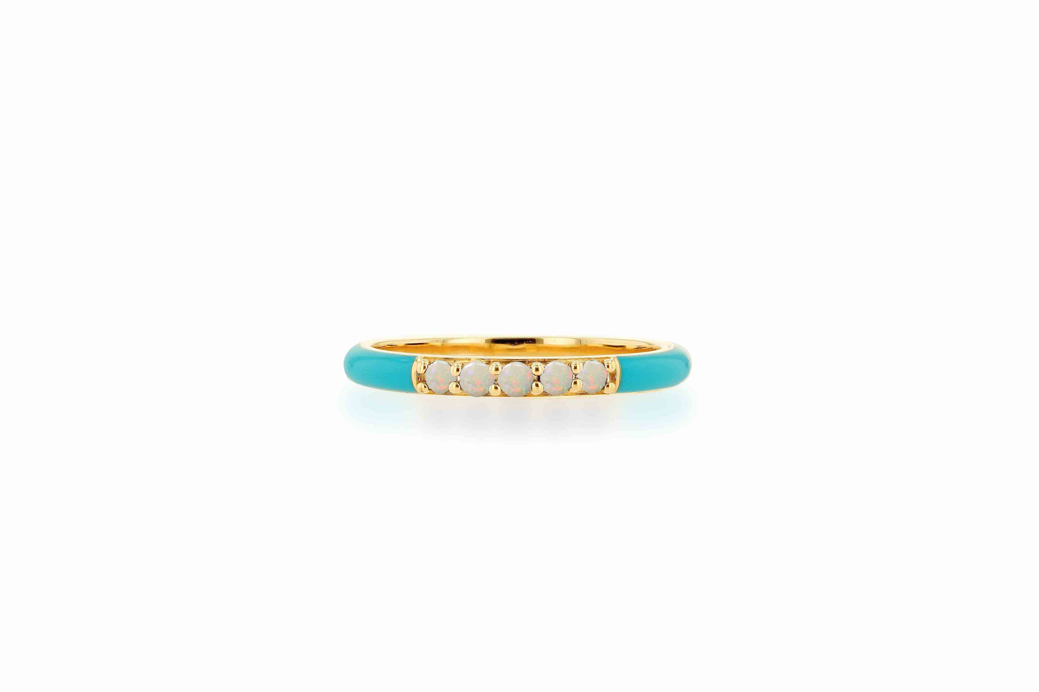 Turquoise Enamel and Opal Band Ring
