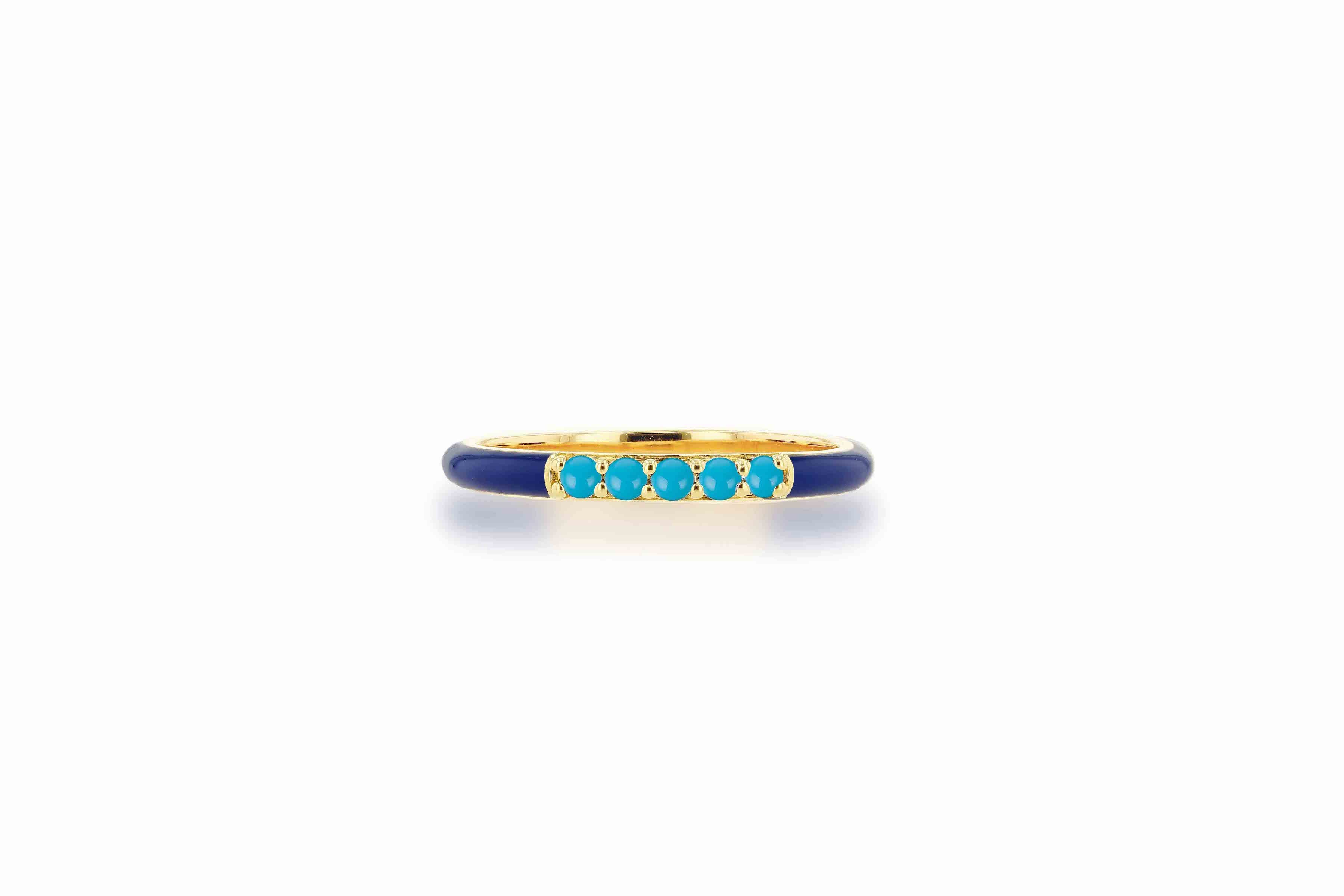 Navy Enamel and Turquoise Band Ring
