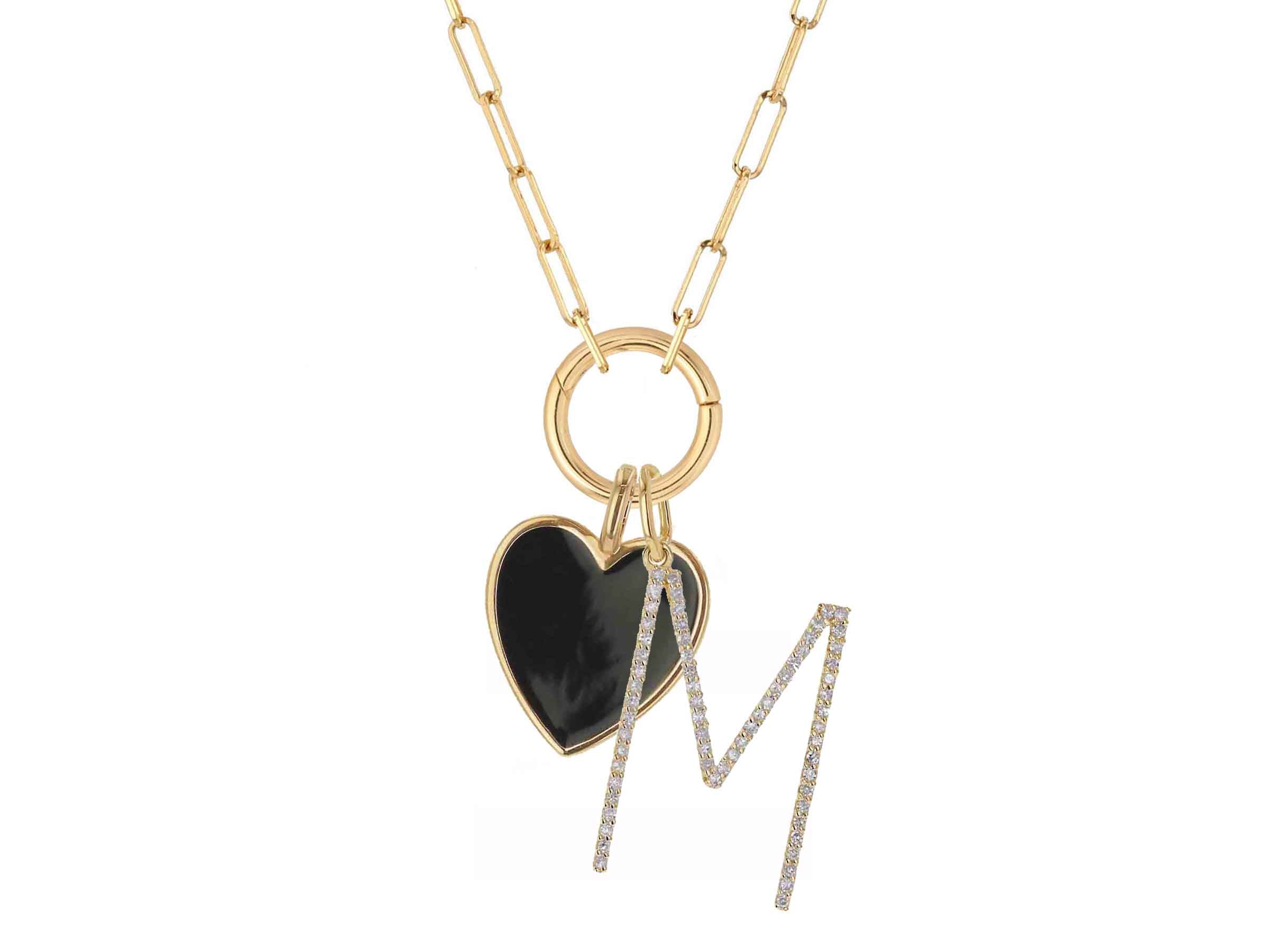 Oversized Letter and Enamel Heart Cluster on Round Charm Clip Necklace - Rachel Reid